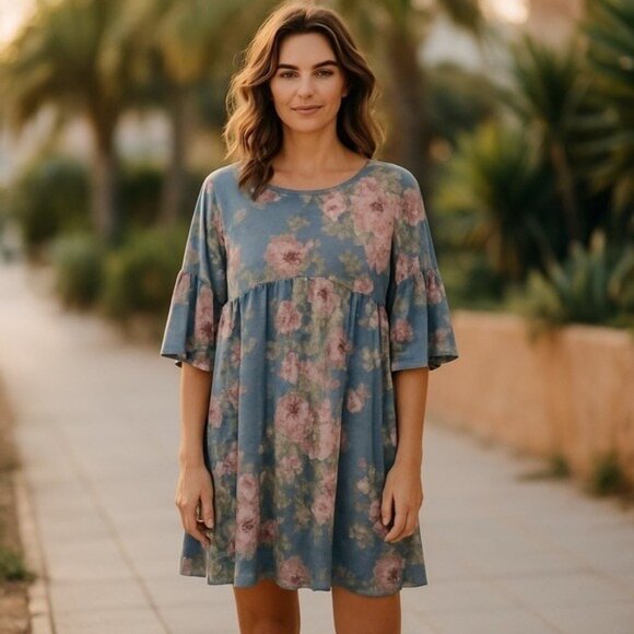 Blue Floral Baby Doll Dress Women Medium Bell Sleeve  Cottagecore Relaxed Fit - Picture 2 of 7
